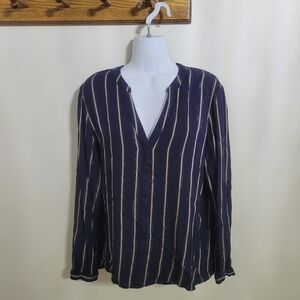 Jennifer Lopez popover Navy And Tan Striped Sparkle Shirt Size L (#EV678)